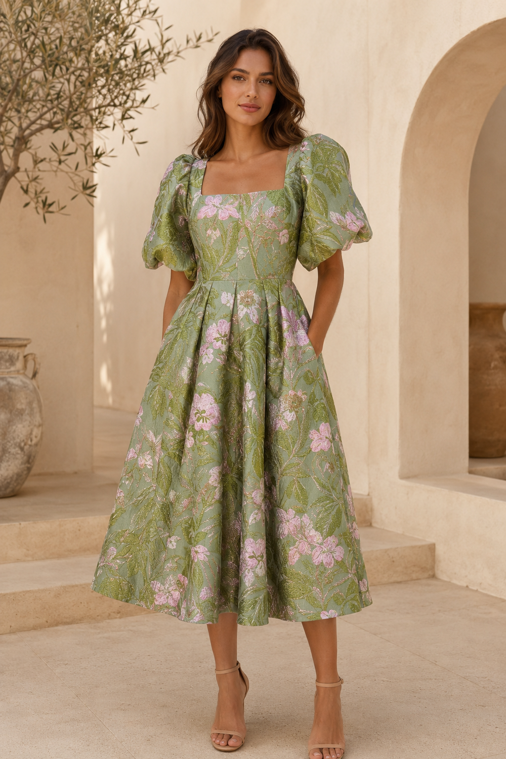Floral Jacquard Puff Sleeve Midi Dress with Pockets