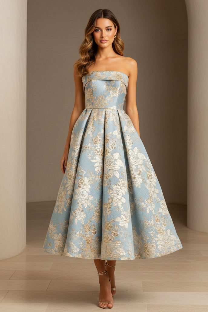 Strapless Floral Jacquard A-Line Midi Dress