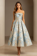 Strapless Floral Jacquard A-Line Midi Dress