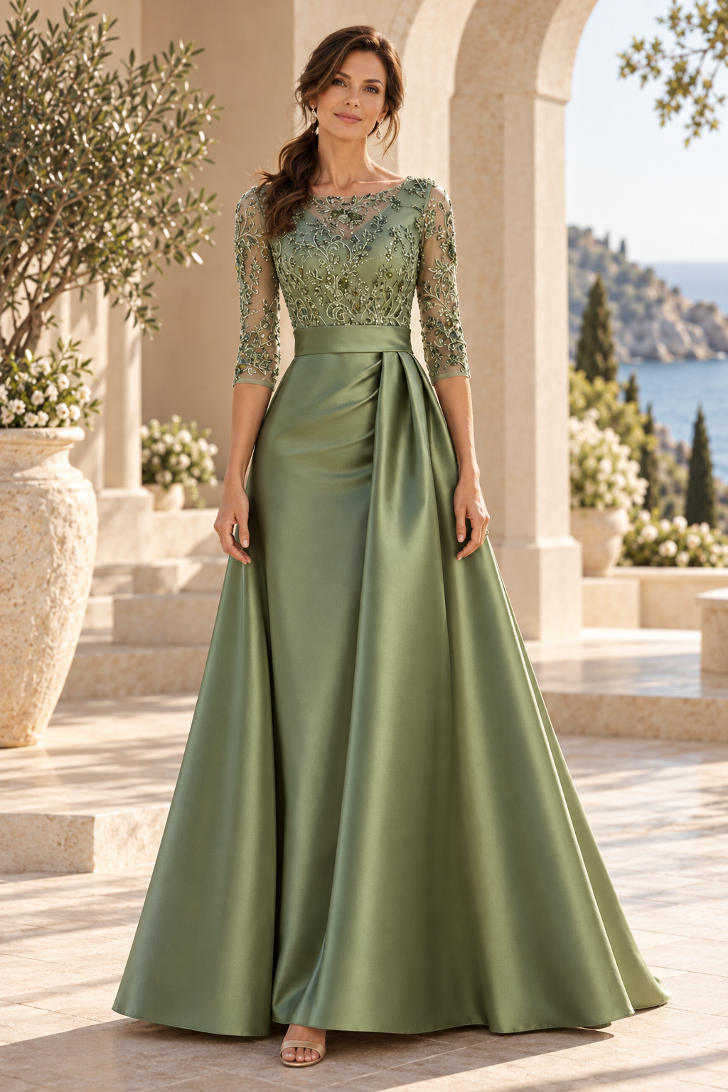 Embroidered Illusion Bodice A-Line Satin Gown