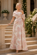 One-Shoulder Pleated Jacquard A-Line Evening Gown
