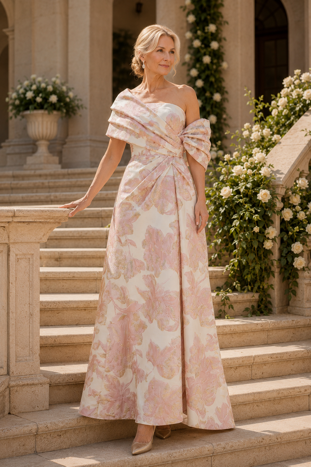 One-Shoulder Pleated Jacquard A-Line Evening Gown