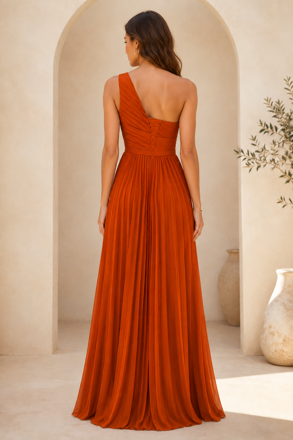 One-Shoulder Pleated Maxi Dress with Ruffle Drape