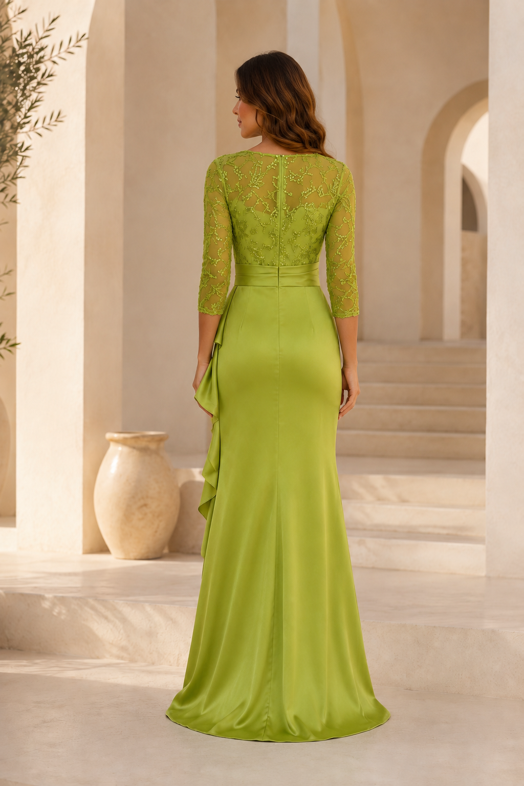 Illusion Lace Bodice Satin Ruffle Evening Gown