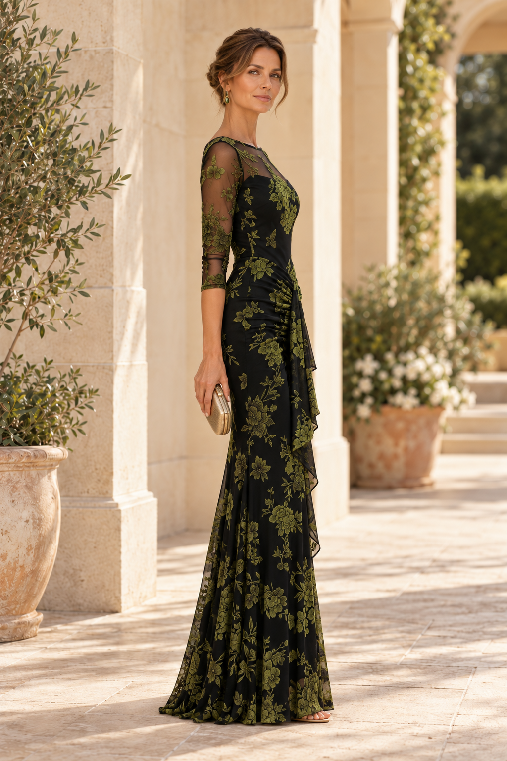 Floral Illusion 3/4 Sleeve Ruched Mermaid Gown