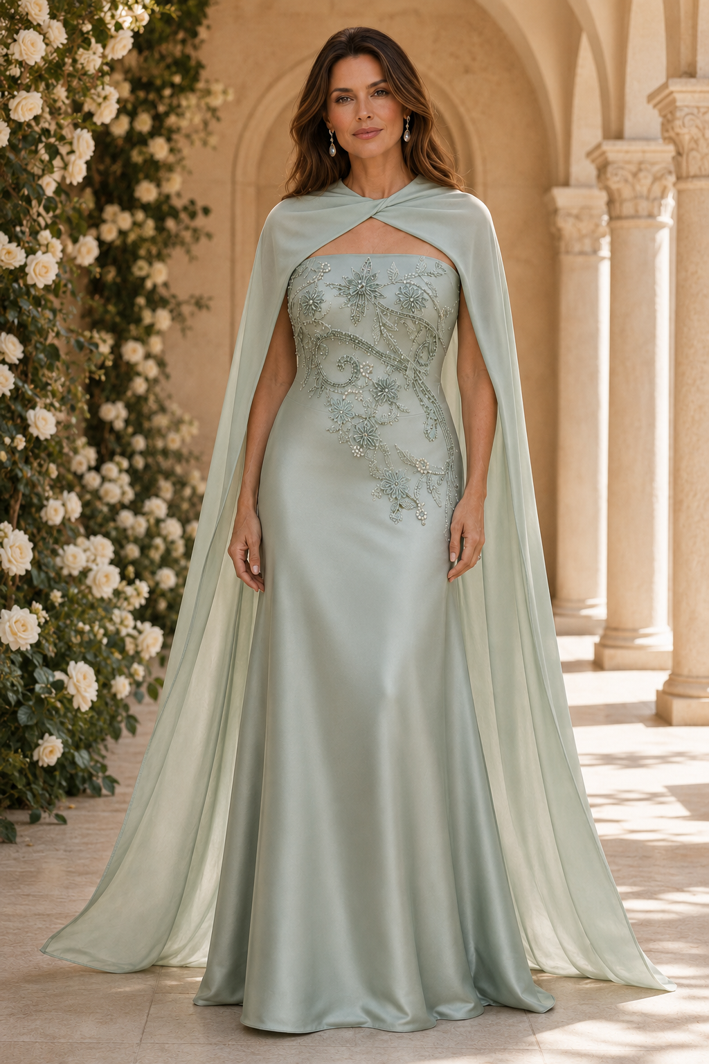 Embroidered Strapless Gown with Chiffon Cape