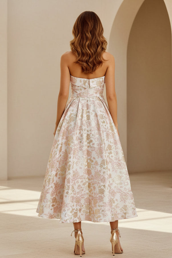 Strapless Metallic Jacquard A-Line Midi Dress