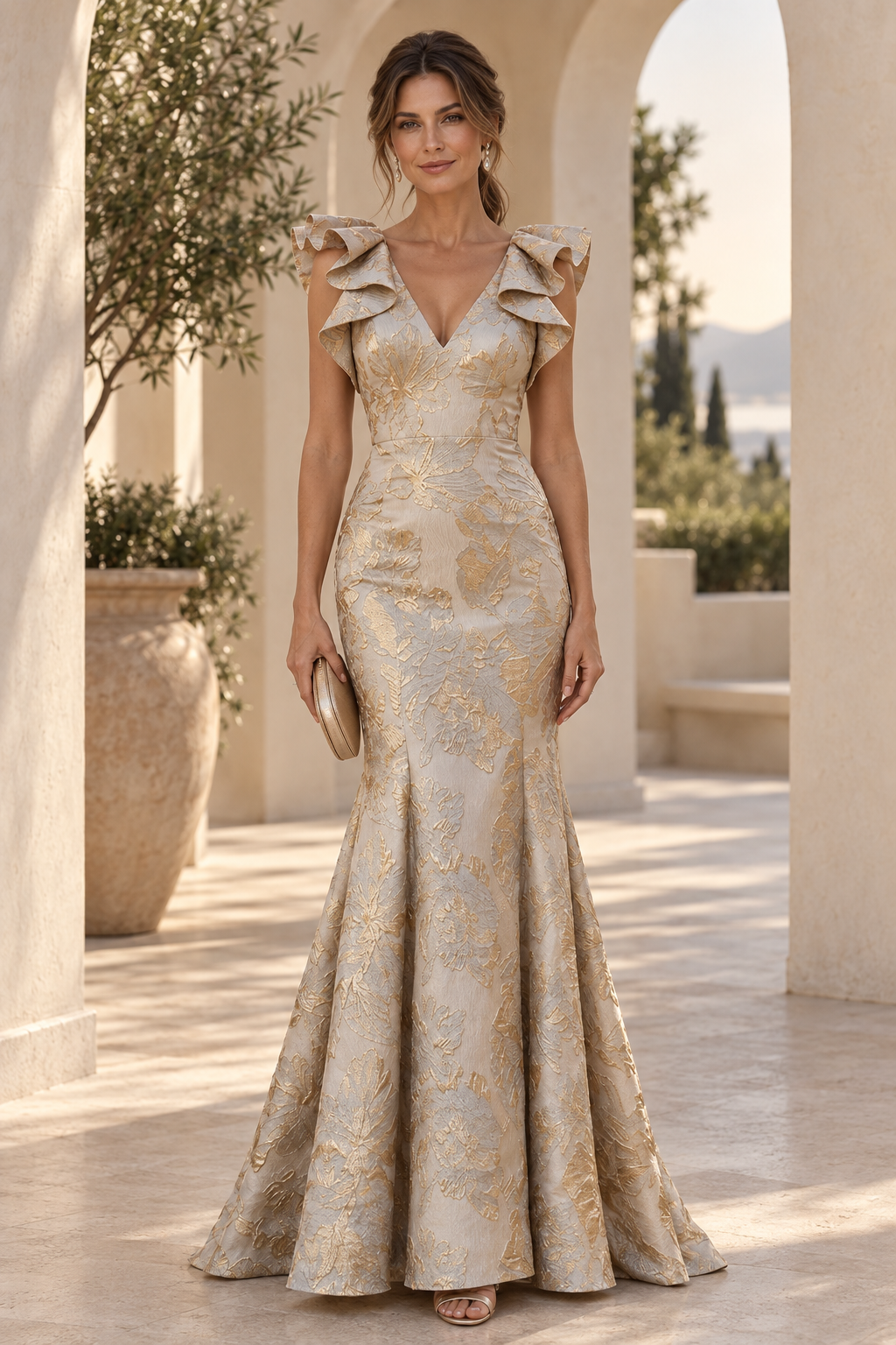 Floral Jacquard Ruffle-Shoulder Mermaid Gown