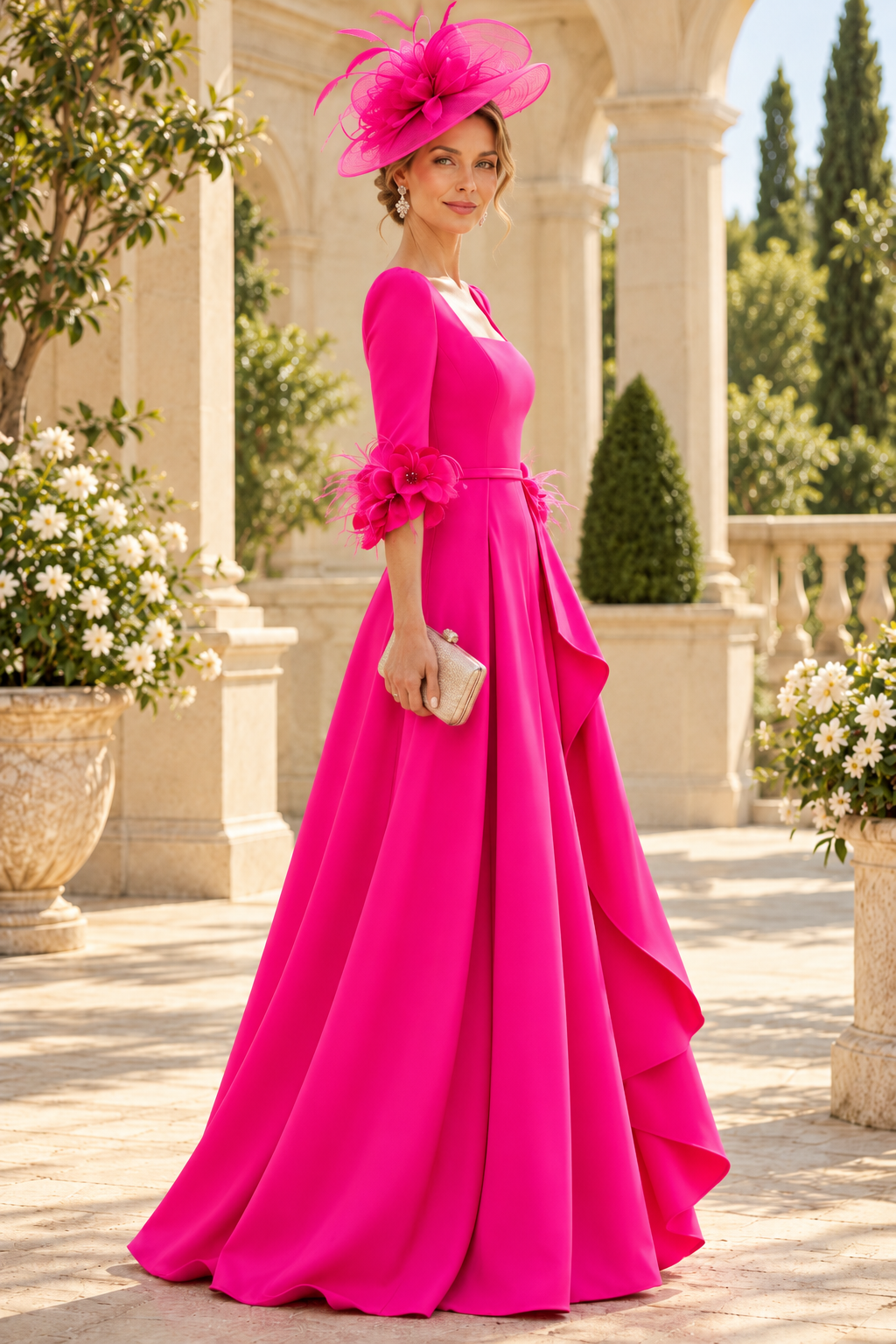 Jumpsuit with Overskirt & Feather Cuffs