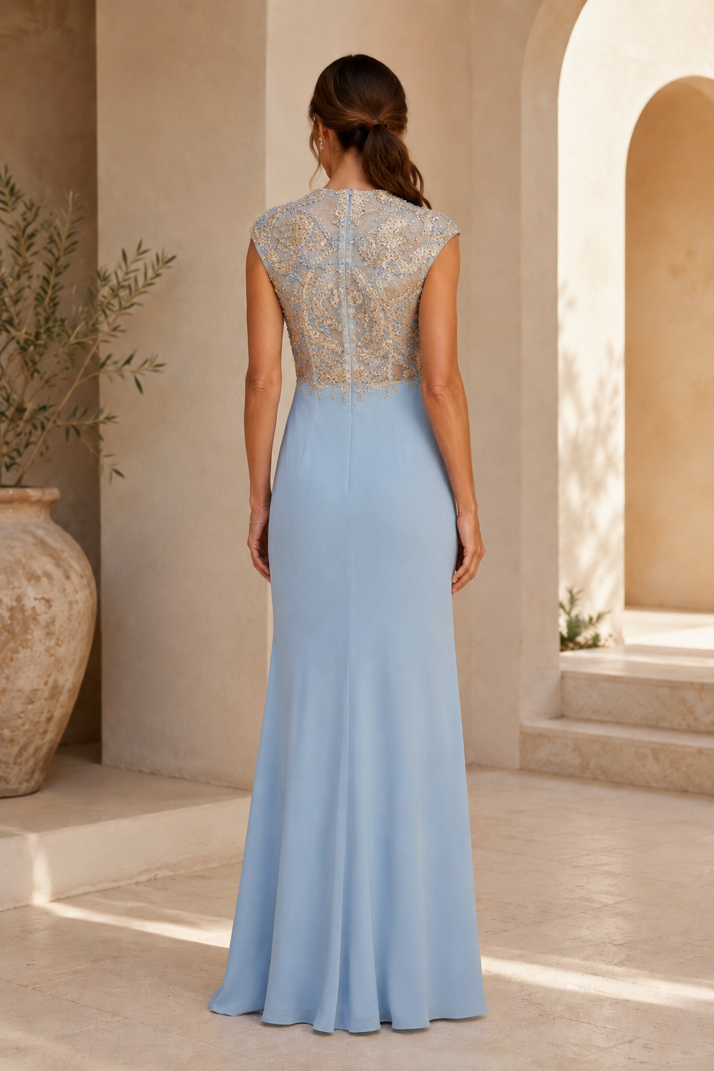 Illusion Lace Beaded Bodice Sheath Evening Gown
