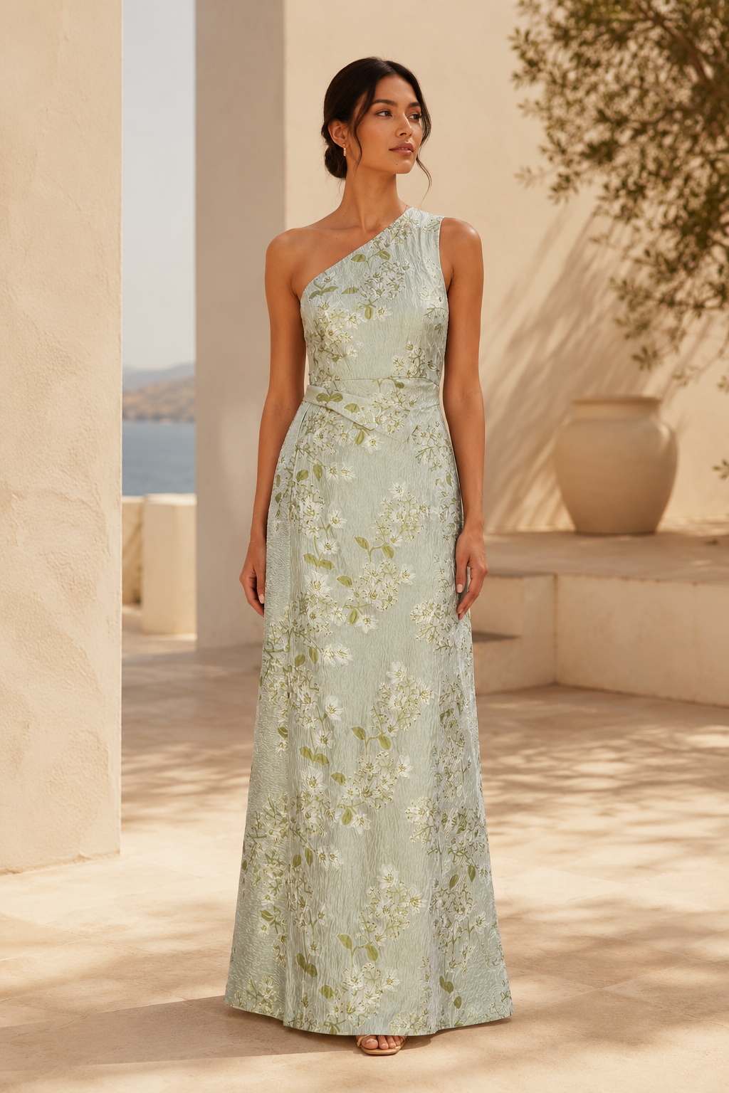 One Shoulder Floral Jacquard A-Line Evening Gown