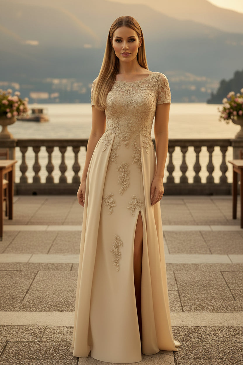 Elegant Lace Applique A-Line Evening Gown with Slit