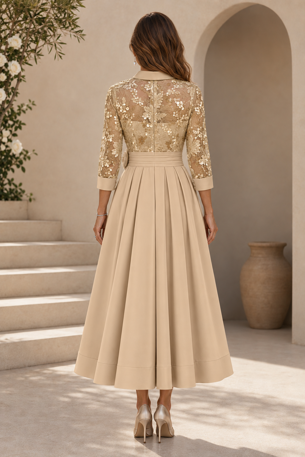 Collared Lace Bodice Pleated Tea-Length Dress