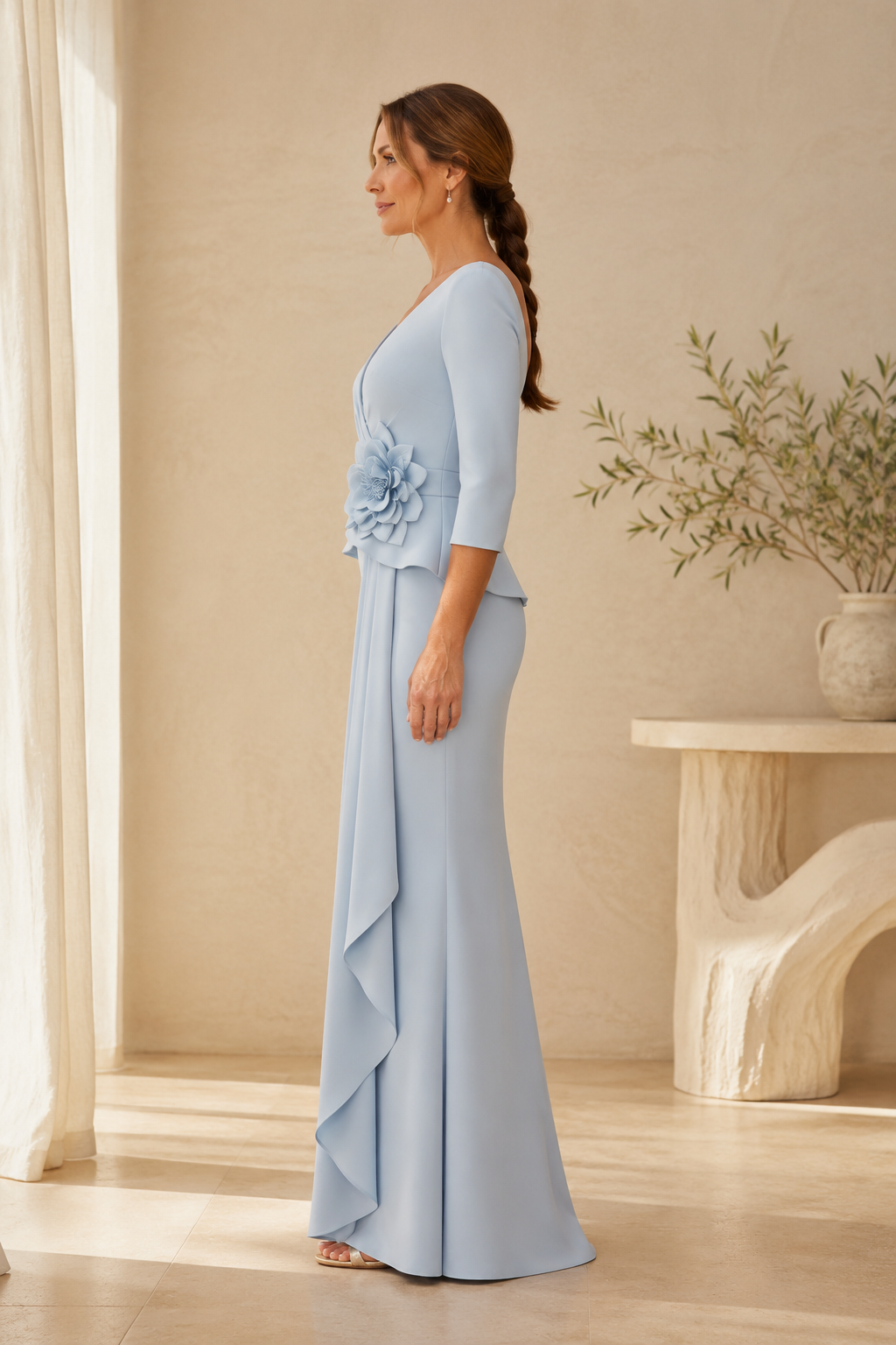 V-Neck Sheath Gown with 3D Floral Waist & Side Drape