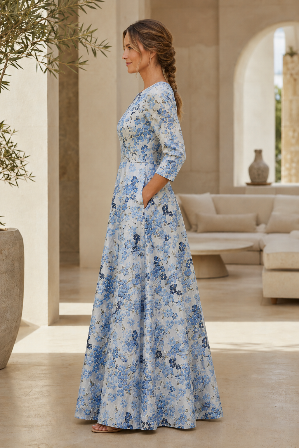 Floral Jacquard A-Line Gown with 3/4 Sleeves