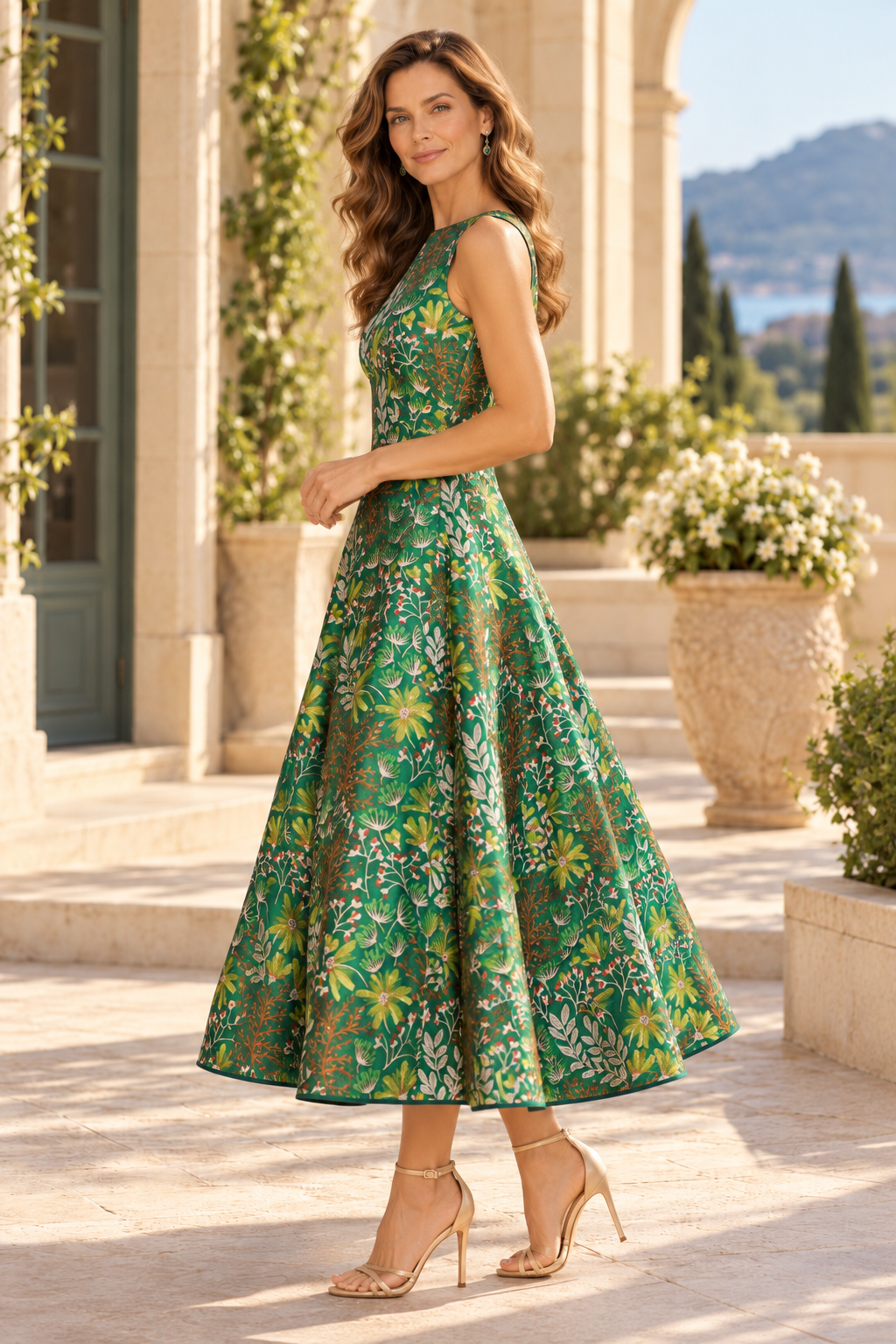 Floral Botanical Print Sleeveless Midi Dress