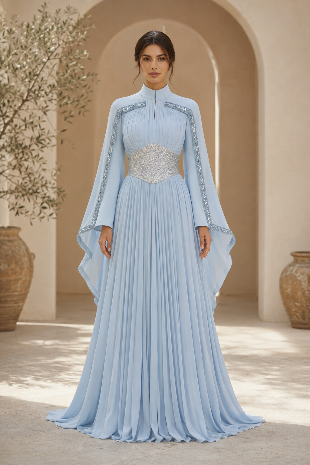 Cape Sleeve Pleated Chiffon A-Line Evening Gown