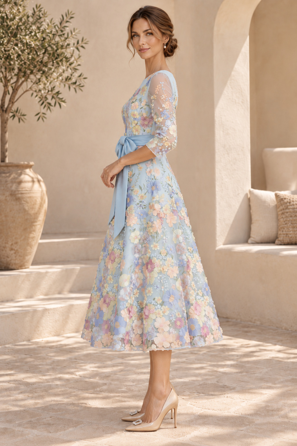Floral Embroidered 3/4 Sleeve Midi Dress with Bow