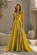 A-Line Satin Gown with 3D Rosette and Slit