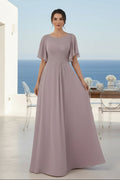 Embroidered A-Line Gown with Flutter Sleeves