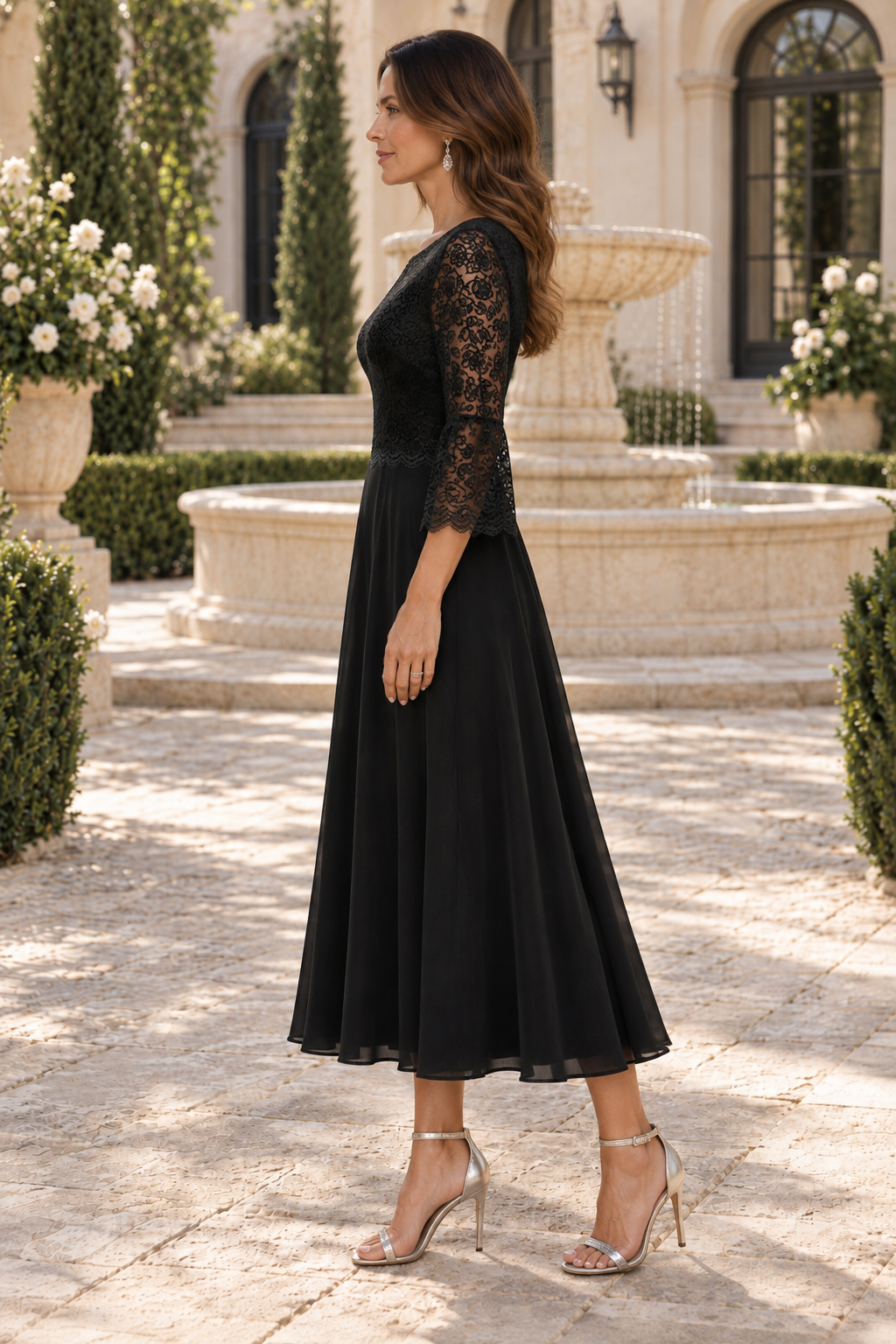 Lace Bodice 3/4 Bell Sleeve A-Line Midi Dress