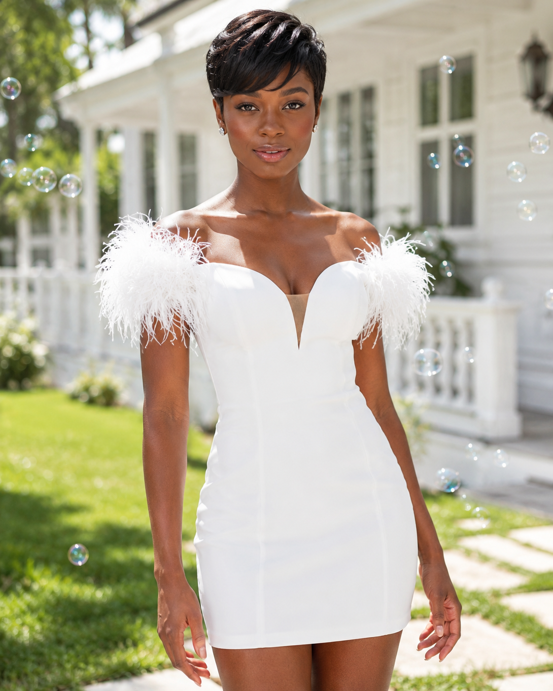 Feather Trim Off-the-Shoulder Bodycon Mini Dress