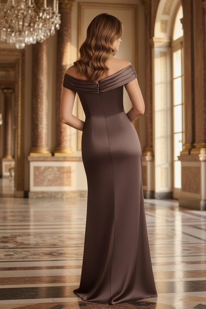 Off-the-Shoulder Pleated Satin Gown with High Slit