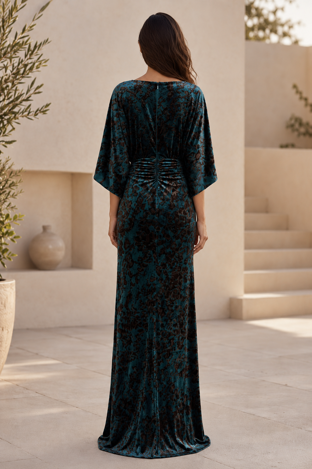 Floral Velvet Bateau Gown with Ruched Waist