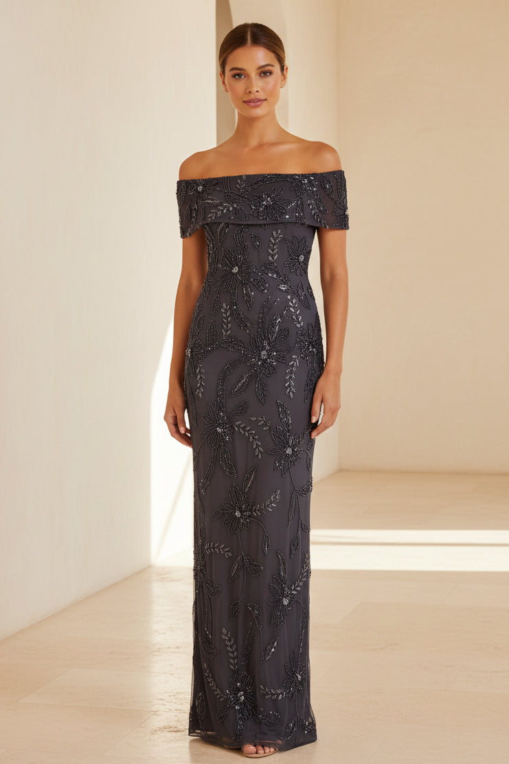 Off-the-Shoulder Beaded Floral Sheath Evening Gown