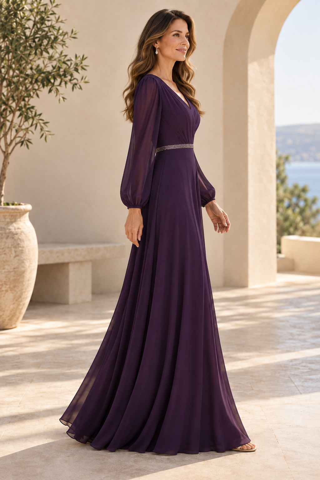 Long Sleeve V-Neck Chiffon A-Line Gown