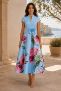 Floral A-Line Midi Dress with Rosette Waist