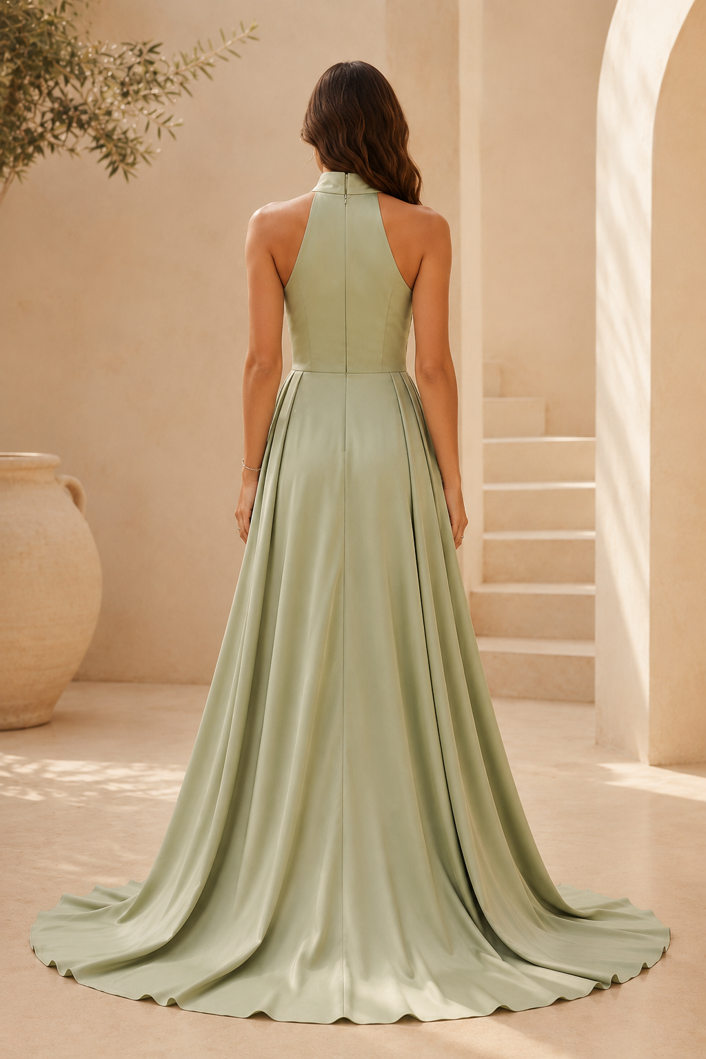 Halter Neck Satin Evening Gown with Lace Skirt