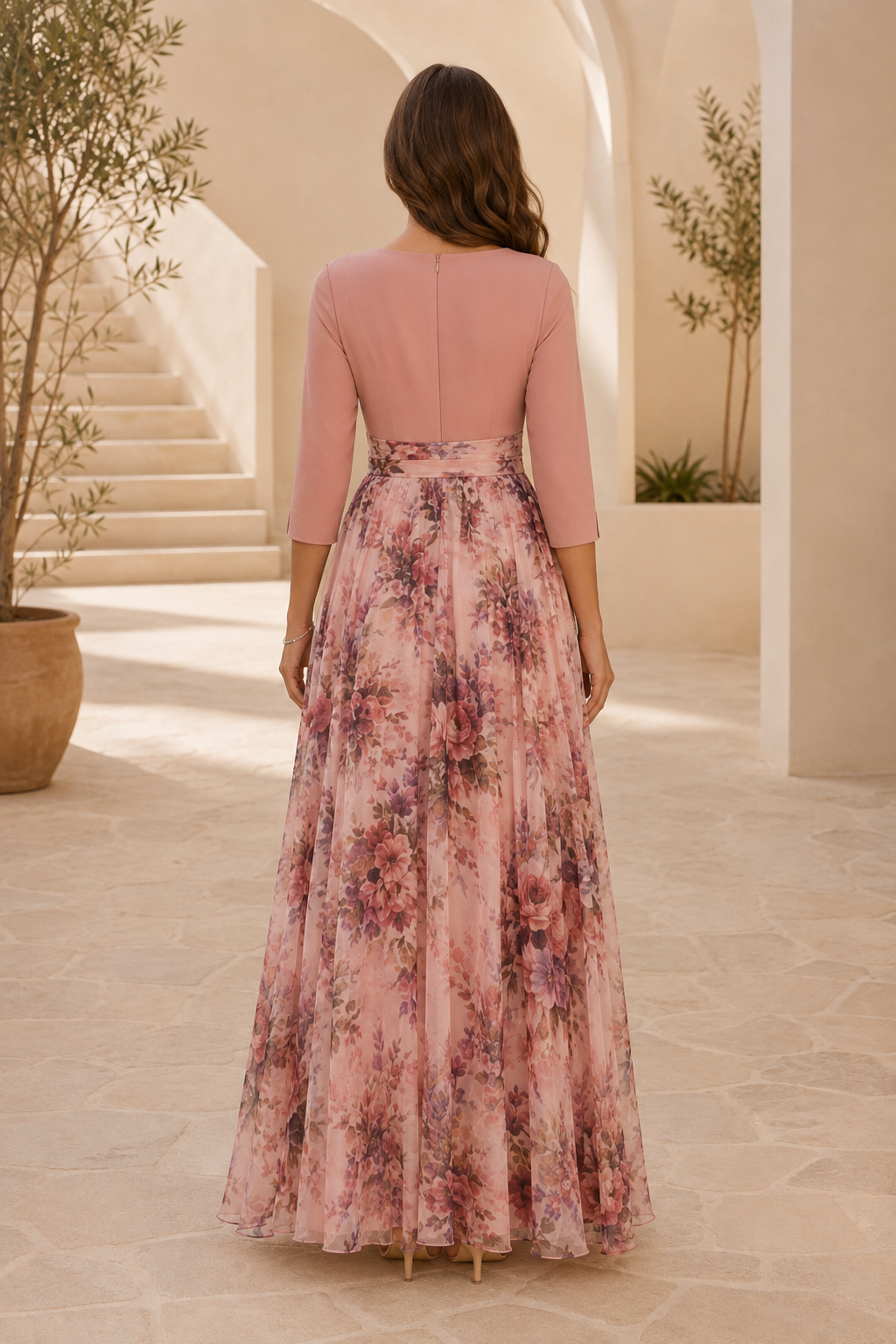 Floral Print Wrap V-Neck Maxi Dress with 3/4 Sleeves