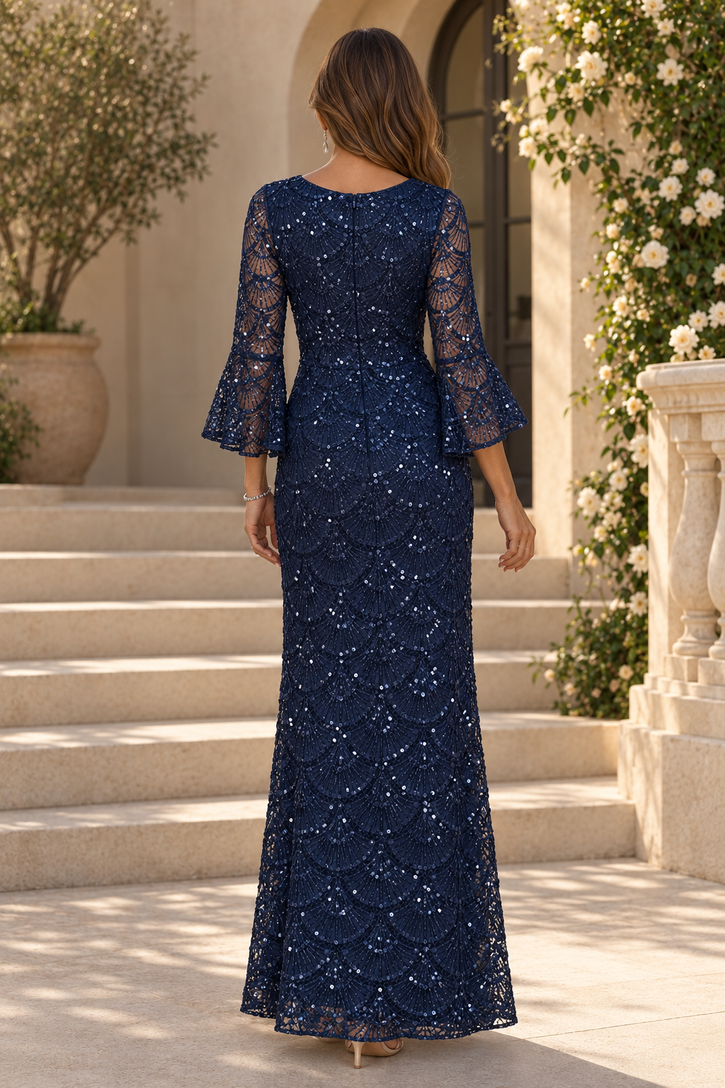 Sequin Scalloped Gown with Bell Sleeves