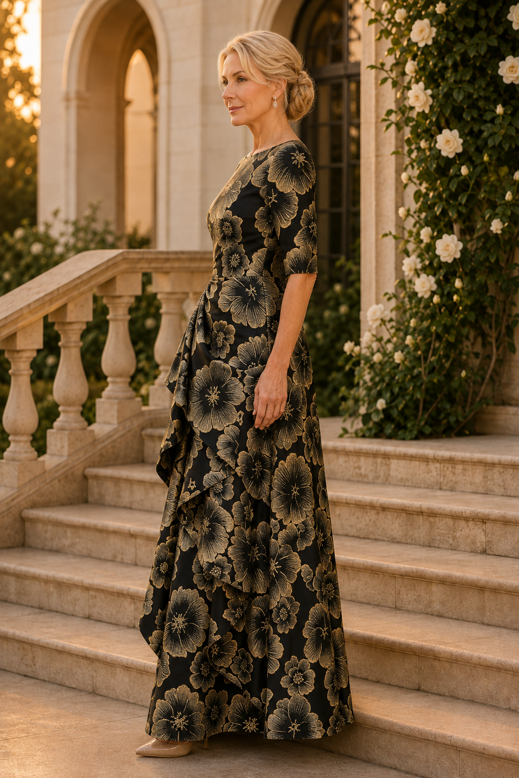 Jacquard Floral A-Line Gown with Cascading Ruffle