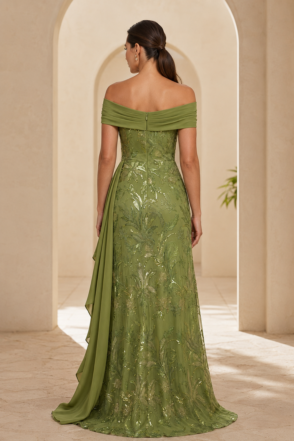 Off-the-Shoulder Sequin Floral Gown with Chiffon Train