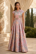 Floral Jacquard Cap Sleeve Pleated A-Line Gown