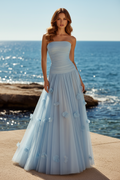 Strapless Ruched Tulle Gown with 3D Flowers