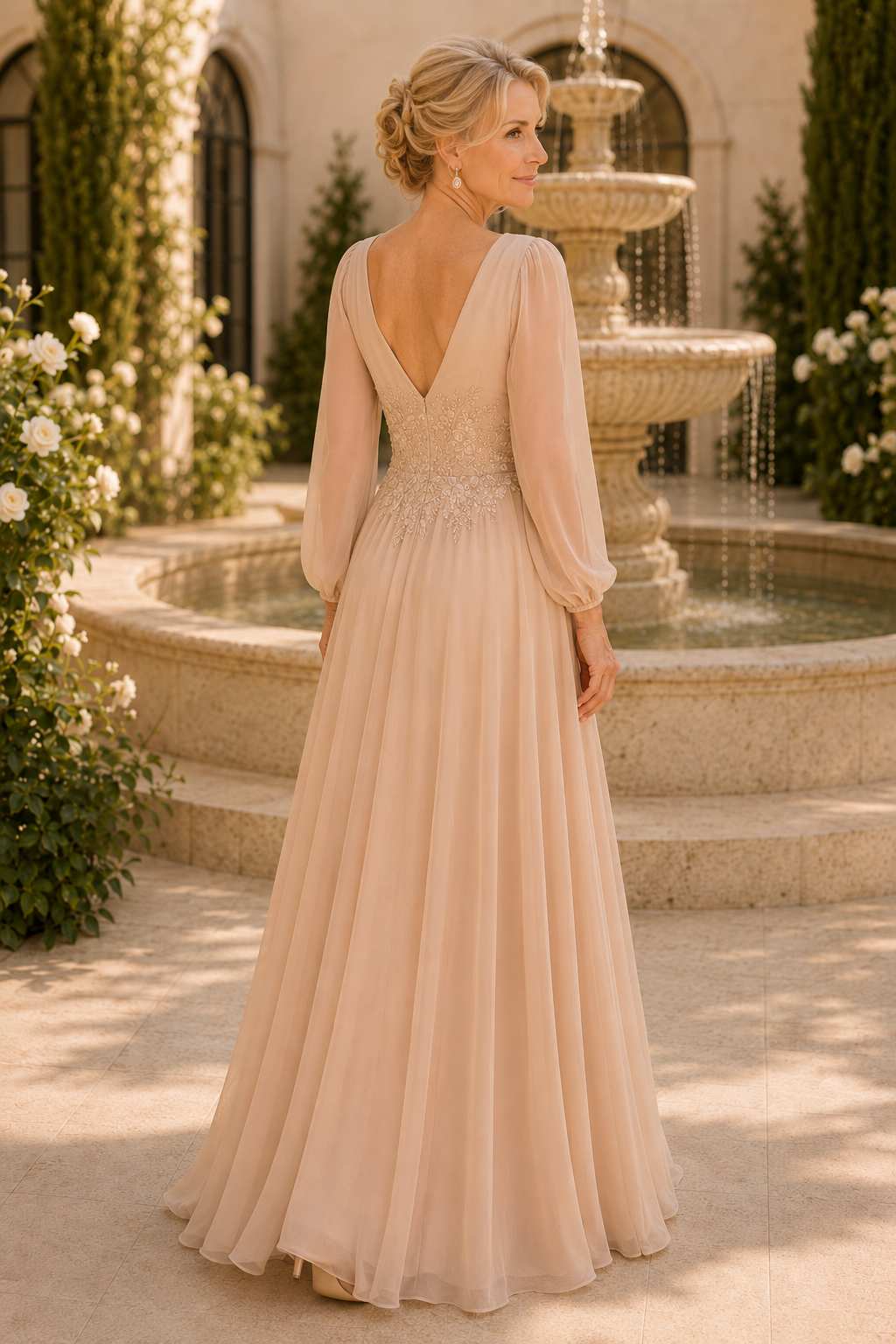 A-Line Chiffon Gown with Long Bishop Sleeves