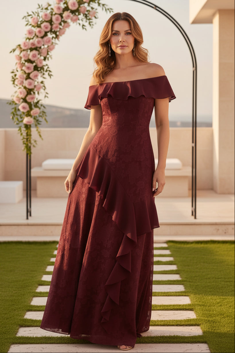Off-the-Shoulder Ruffled Jacquard Gown