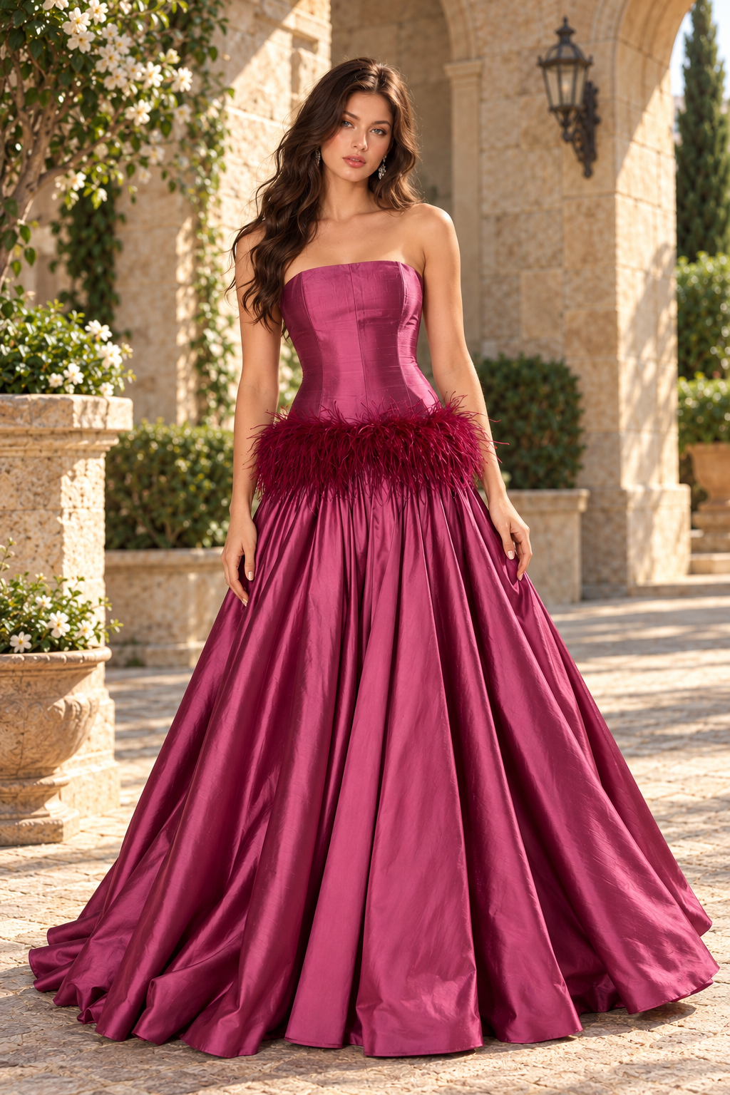 Strapless Feather Drop Waist Ball Gown