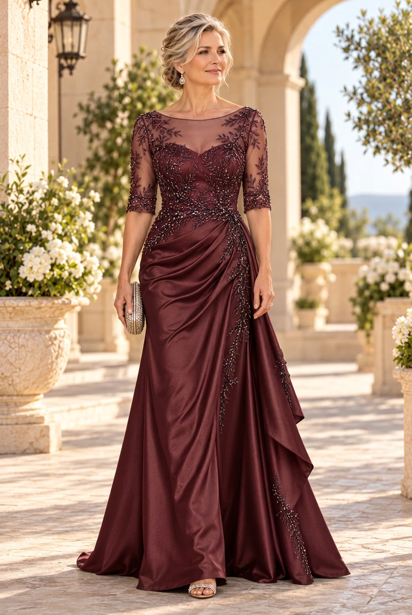 Embroidered Illusion Neckline Satin Gown