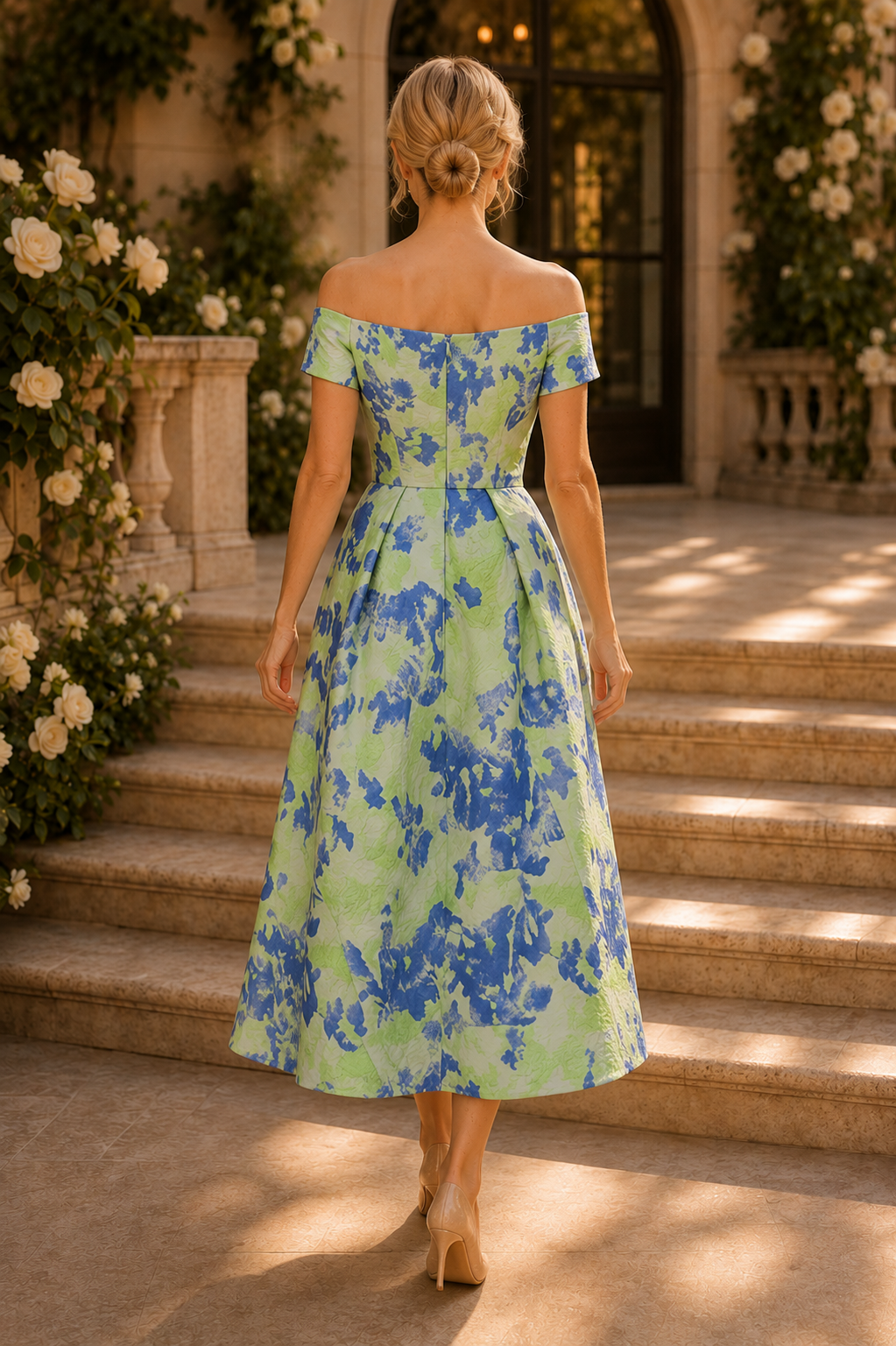 Off-Shoulder Pleated Floral Jacquard Midi Dress