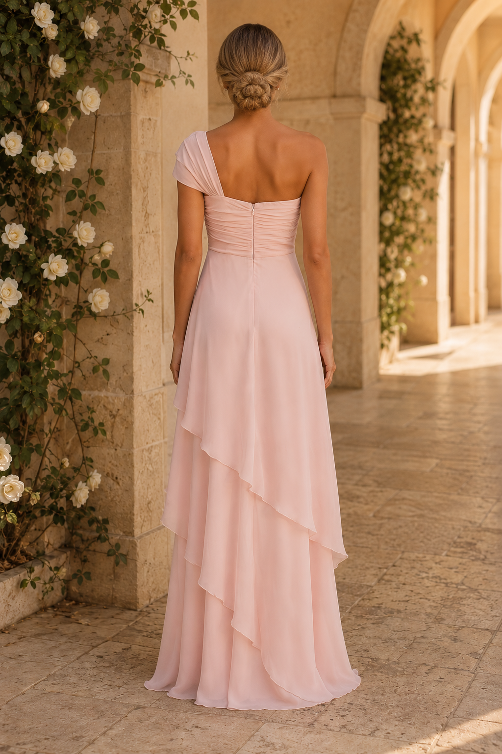 One-Shoulder Tiered Chiffon Gown