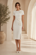 Short Sleeve Midi Sheath Dress with 3D Flowers