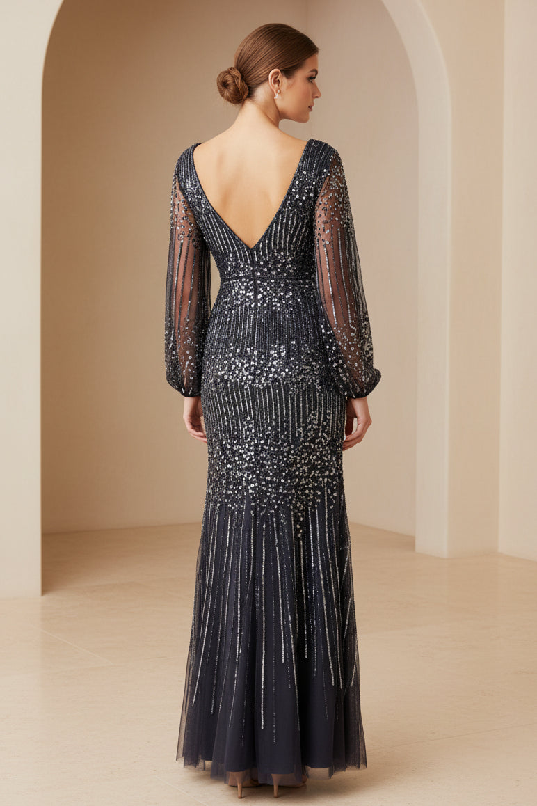 Beaded V-Neck Long Sleeve Evening Gown with Slit