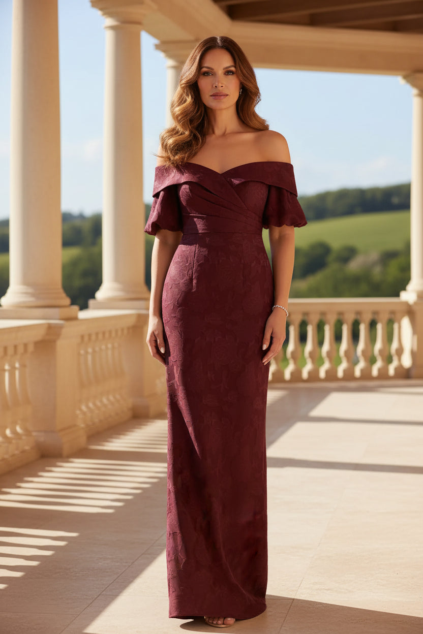 Off-the-Shoulder Jacquard Column Evening Gown