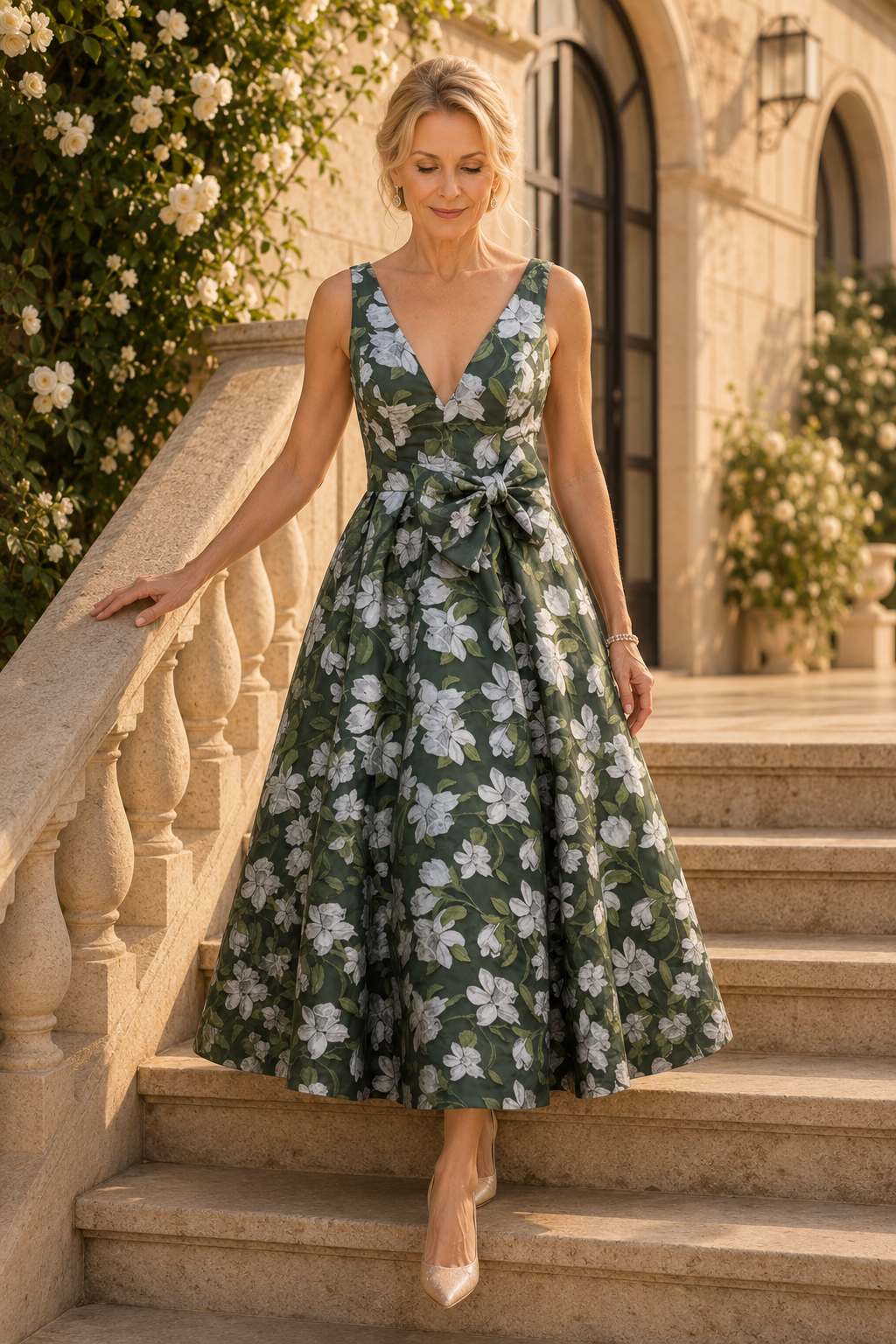 Floral Deep V-Neck A-Line Dress with Bow Accent