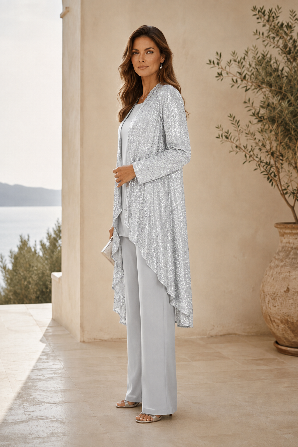 Three-Piece Sequin Duster Pantsuit