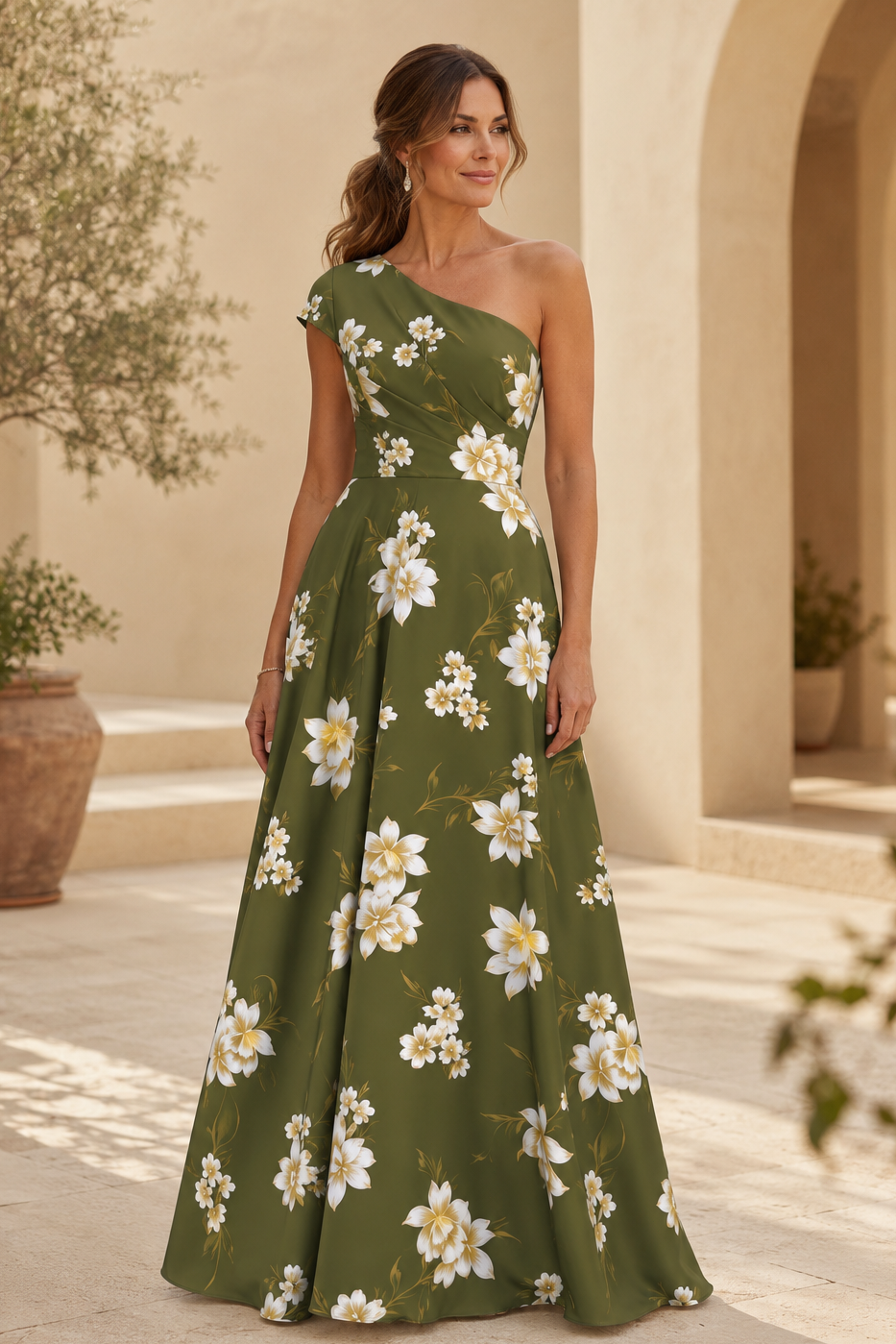One-Shoulder Floral Print A-Line Maxi Dress